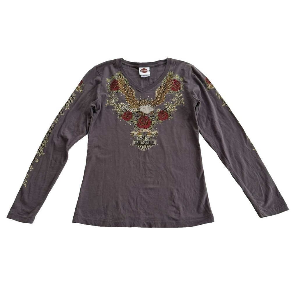 Harley Davidson Shirt Womens Sz M Long Sleeve V Neck Eagle Roses Cancun Bling